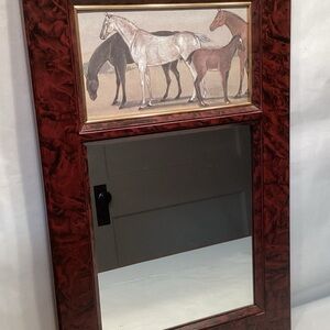 Burl Wood Framed Mirror Horse Water Color Print Equestrian Hunt Decor Farmhouse